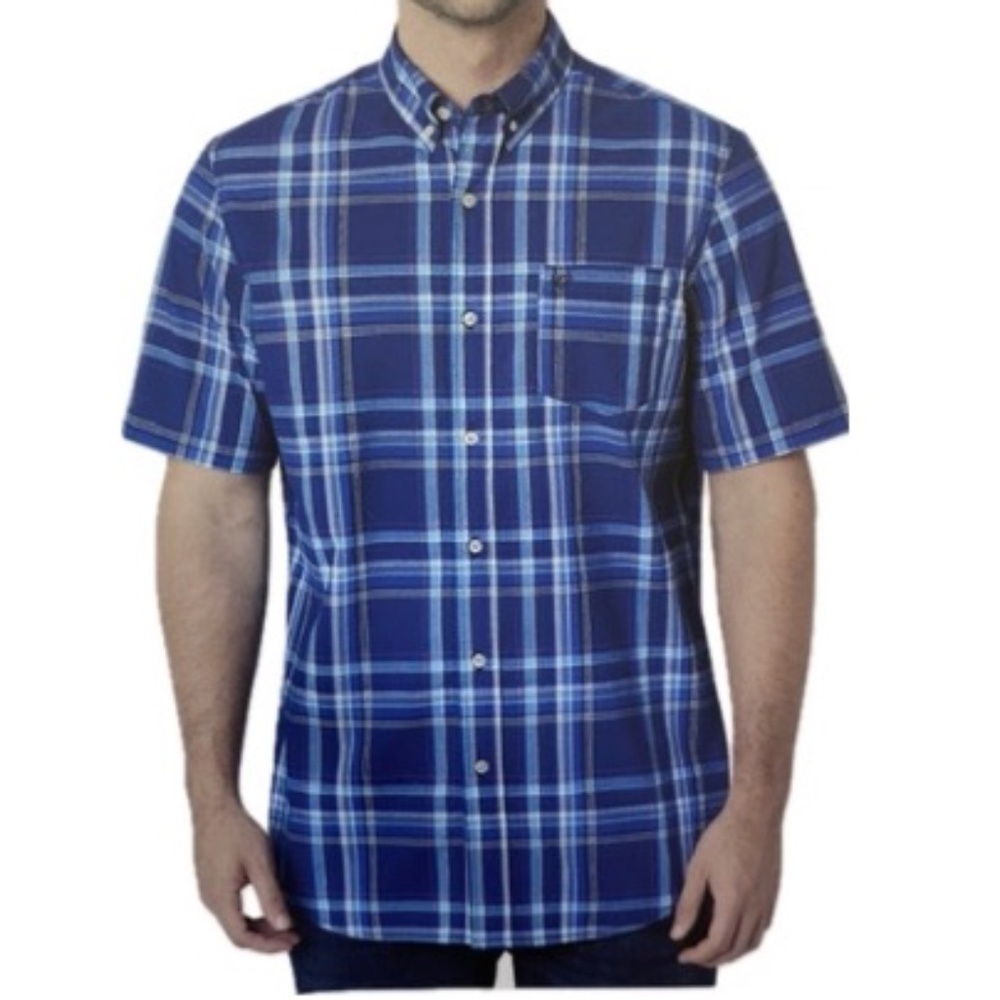 Chaps Easy Care Short-Sleeve Button Down Collared,  Plaid, Dark Blue, XL NWT